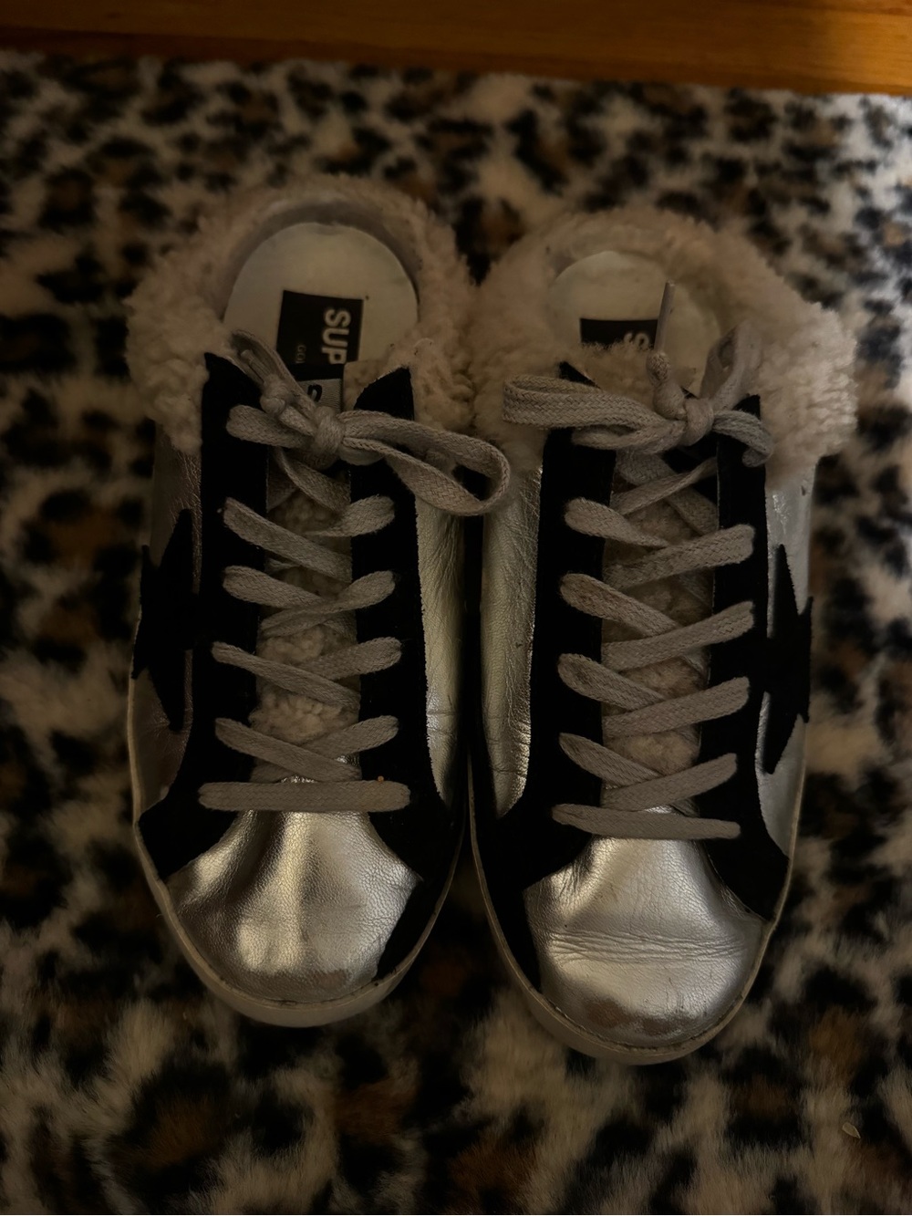 Golden Goose Silver and Black Shearling-Trim Sneakers
